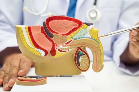 Male reproductive system, Asian doctor holding human anatomy model for study diagnosis and treatment in hospital.の写真素材