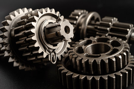 Gear and cogs wheels, clock mechanism, brass metal engine industrial.