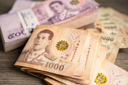 Thai baht banknotes, business saving finance investment concept.の写真素材