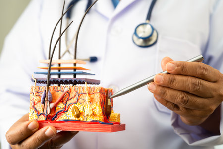 Asian dermatologist doctor holding skin structure model anatomy for treatment in hospital, hair transplant.の写真素材
