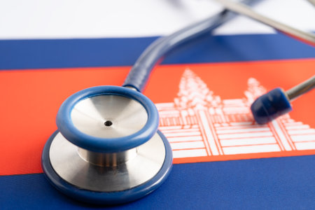 Stethoscope on Cambodia flag background, Business and finance.の写真素材