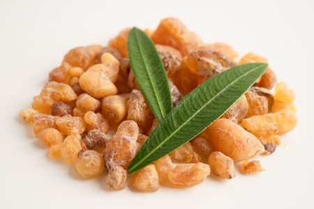 Frankincense or olibanum aromatic resin isolated on white background used in incense and perfumes.の写真素材