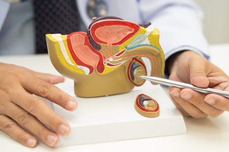 Male reproductive system, Asian doctor holding human anatomy model for study diagnosis and treatment...