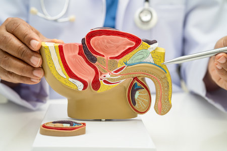 Male reproductive system, Asian doctor holding human anatomy model for study diagnosis and treatment in hospital.の写真素材