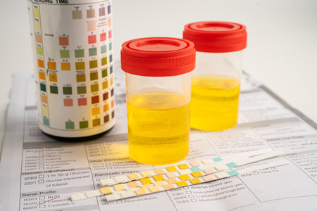 Urinalysis, urine cup with reagent strip pH paper test and comparison chart in laboratory.