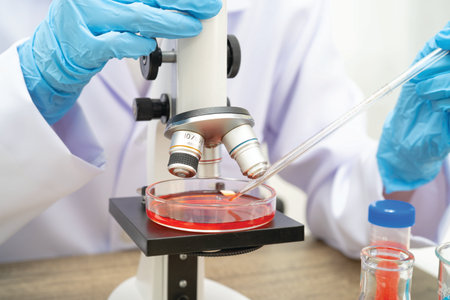 Scientist medical professional use microscope for research in science laboratory.