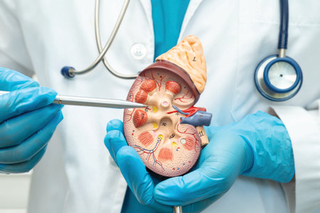 Kidney disease, Chronic kidney disease ckd, Doctor hold human model to treat and study in hospital.の写真素材