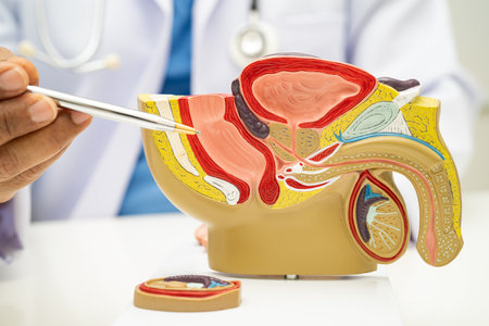 Male reproductive system, doctor holding human anatomy model for study diagnosis and treatment in...