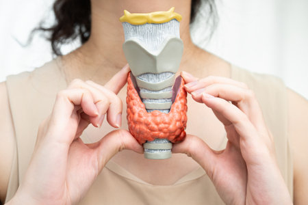Hyperthyroidism, Overactive Thyroid, Thyroid Lymphoma, Asian woman with thyroid gland human anatomy...