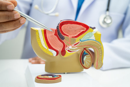Male reproductive system, doctor holding human anatomy model for study diagnosis and treatment in hospital.の写真素材
