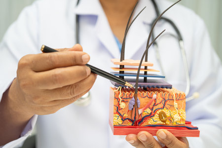 Asian dermatologist doctor holding skin structure model anatomy for treatment in hospital, hair...