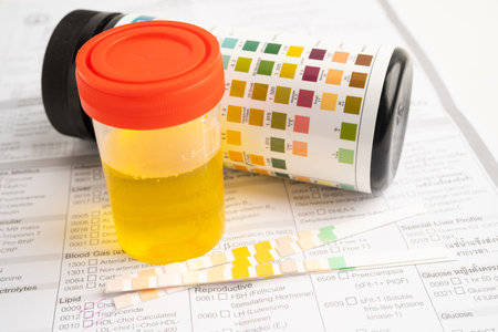 Urinalysis, urine cup with reagent strip pH paper test and comparison chart in laboratory.の写真素材
