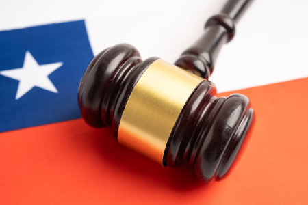 Chile flag with judge hammer, Law and justice court concept.の写真素材