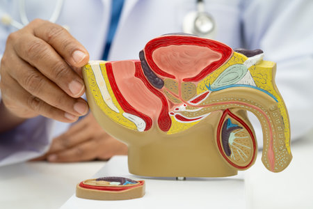 Male reproductive system, doctor holding human anatomy model for study diagnosis and treatment in hospital.の写真素材