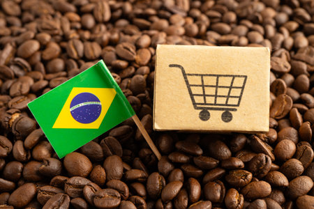 Brazil flag on coffee bean, import export trade online commerce concept.の写真素材