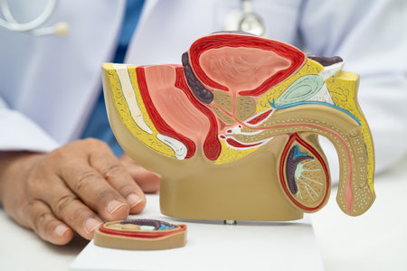 Male reproductive system, doctor holding human anatomy model for study diagnosis and treatment in...