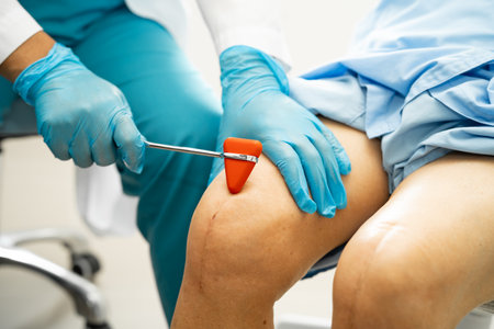 Asian doctor physiotherapist examining, massaging and treatment knee and leg of senior patient in...
