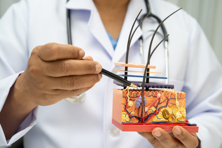 Asian dermatologist doctor holding skin structure model anatomy for treatment in hospital, hair transplant.の写真素材