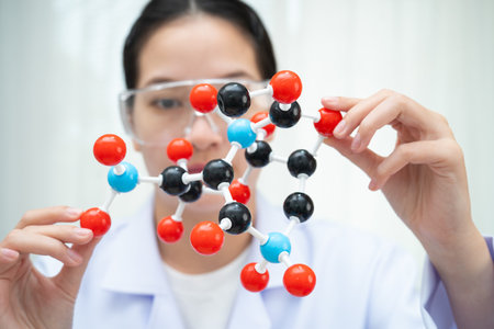 Scientist holding molecular model for chemical technology.の写真素材