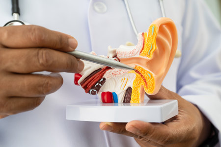 Asian doctor holding human ear model to learn and treat hearing loss in patient.の写真素材