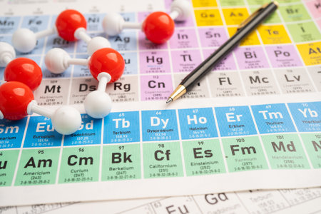 Molecules chemical on a periodic table background.の写真素材