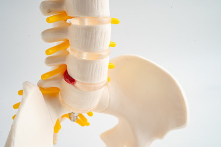Lumbar spine displaced herniated disc fragment, spinal nerve and bone. Model for treatment medical...