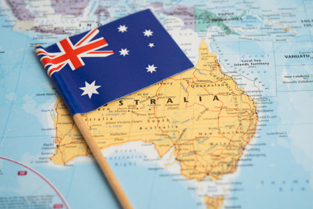 Bangkok, Thailand  January 20, 2022 Australia flag on world map, travel, geography, tourism and exploration.のeditorial素材