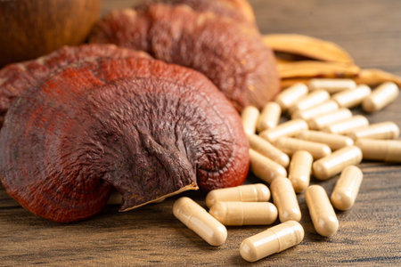 Dried lingzhi mushroom with capsule, alternative medicine herbal organic herb.