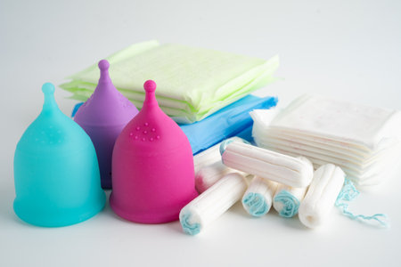 Menstruation cycle with sanitary pad and cotton tampon for woman hygiene and protection.の写真素材