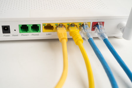 Ethernet cable with wireless router connect to internet service provider network.
