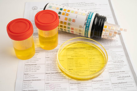 Urinalysis, urine cup with reagent strip pH paper test and comparison chart in laboratory.