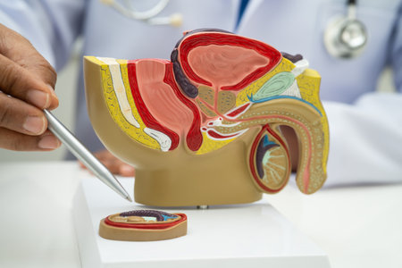 Male reproductive system, doctor holding human anatomy model for study diagnosis and treatment in...