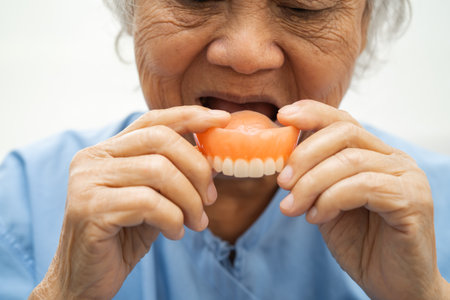 Asian elderly woman patient holding to use denture, healthy strong medical.の写真素材