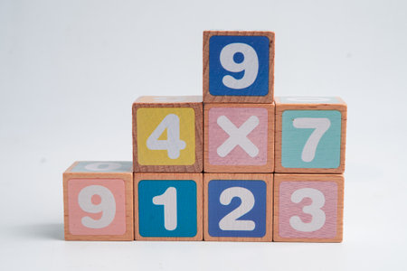 Number wood block cubes for learning Mathematic, education math.