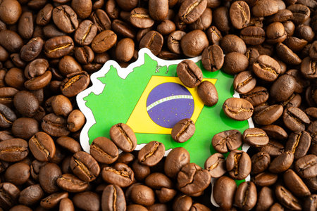 Brazil flag on coffee bean, import export trade online commerce.の写真素材