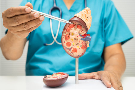 Chronic kidney disease, doctor with model for treatment urinary system, urology, Estimated glomerular filtration rate eGFR.の写真素材