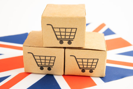 Box with shopping online cart logo and UK United Kingdom flag,