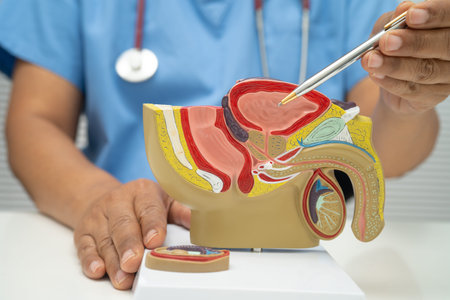 Male reproductive system, doctor holding human anatomy model for study diagnosis and treatment in...