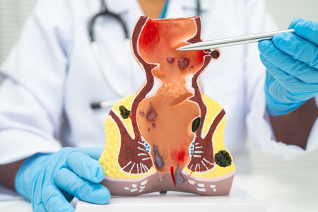 Asian doctor with rectum and hemorrhoid human anatomy model at hospital, inflamed vascular...