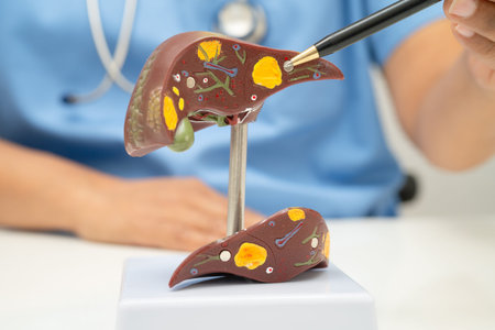 Cirrhosis, Liver cancer, fatty liver, Asian doctor with liver human model.