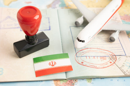 Approved Stamp visa and passport with Iran flag document to immigration at airport in country.