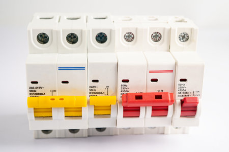 Automatic circuit breaker on white background, control and protect electrical power system.の写真素材