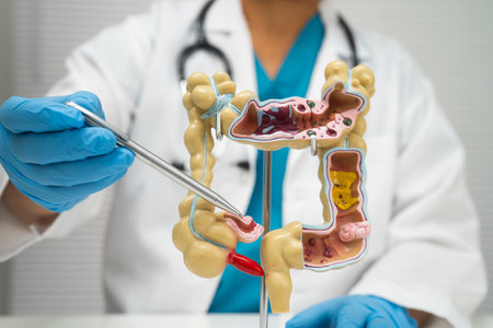 Intestine, appendix and digestive system, doctor holding anatomy model for study diagnosis and treatment in hospital.