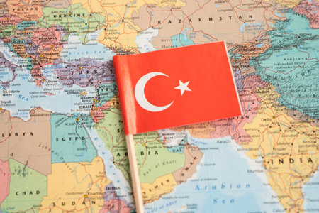 Bangkok, Thailand December 7, 2023, Turkdy flag on world map.