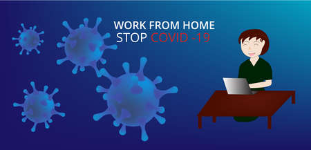 Work from home concept. A girl works or studies online at home. avoid Coronavirus , Stay at home during the coronavirus epidemic, stop covid-19, vector illustration.のイラスト素材