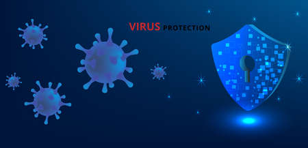 Virus protection concept. with glowing  polygonal shield and virus COVID-19 cells on dark blue background. Health Care, protection  and avoiding corona viruses. Vector illustration.のイラスト素材