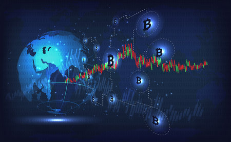 Investment concept, electronic currencies.Bitcoin digital currency and world globe futuristic digital money technology with stock graph and world map background.Global network connection.のイラスト素材