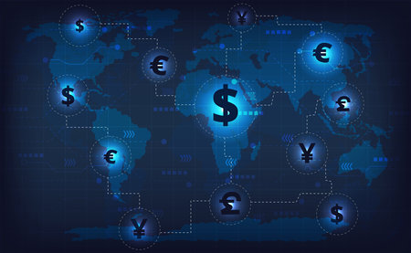 International currency exchange concept.International forex with different world currency symbol conversion.World map background.Vector illustration.のイラスト素材