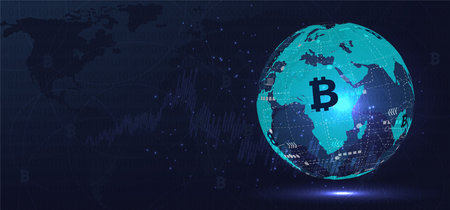 Investment concept,electronic currencies.Bitcoin digital currency and world globe futuristic digital money technology worldwide network. Global network connection.stock graph and world map background.のイラスト素材
