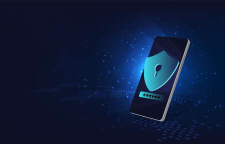 Mobile data security concept.Smartphone and  shield on screen with data protection...